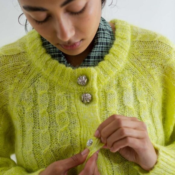 Ganni Sweaters - GANNI Mohair/Wool Long Sleeves Cable Knit Cardigan in Egret XS $395